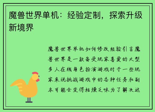 魔兽世界单机：经验定制，探索升级新境界